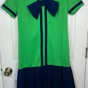 Chic Green and Navy Midi Dress with Bow
